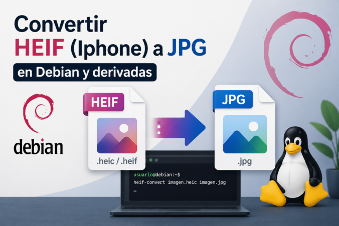 Conversión de archivos HEIF de iPhone a JPG en Debian mediante terminal con ejemplo de comando heif-convert