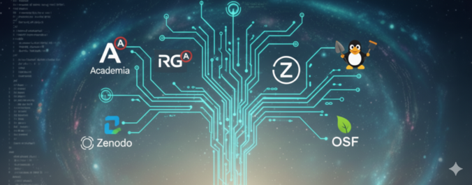 Árbol digital con los logos de Academia.edu, ResearchGate, Zotero, Zenodo y OSF, representando el ecosistema de plataformas para la difusión de la investigación científica